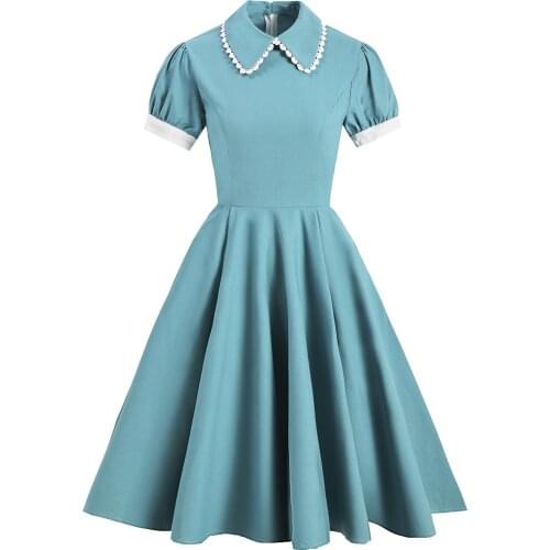 Solid Blue Vintage Party Swing Dress with Pocket Women Summer Rockabilly 50s 60s Pin Up Dresses A-Line Office Robe Vestidos