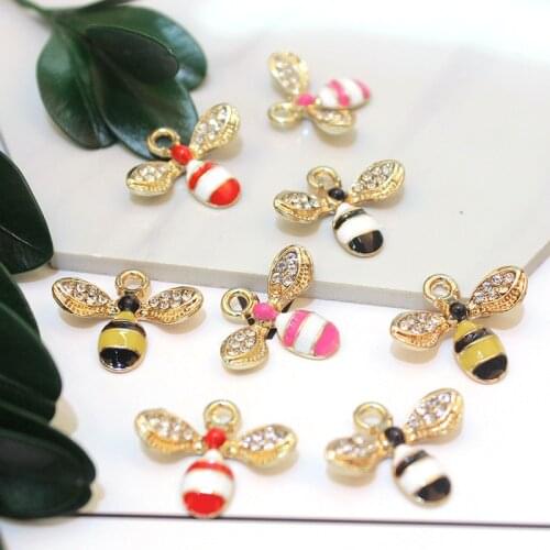 10Pcs/Lot New Golden Alloy Small Bee Pendant Rhinestone Insects Buttons Buckles Pin For Clothing DIY Bag Shoes Aceessories