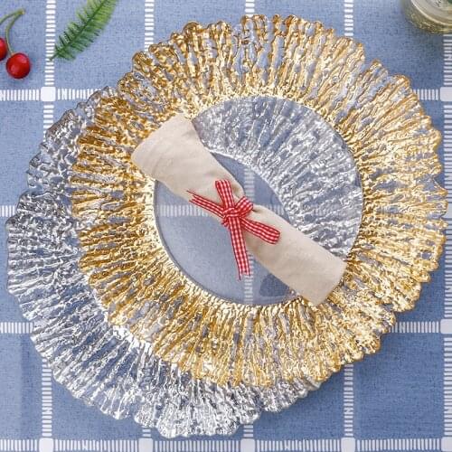 13inch Retro Gold Rim Charger Plate Glass Decorative Service Plate Silver Dinner Dishes Bridal Shower Decor Table Place Setting
