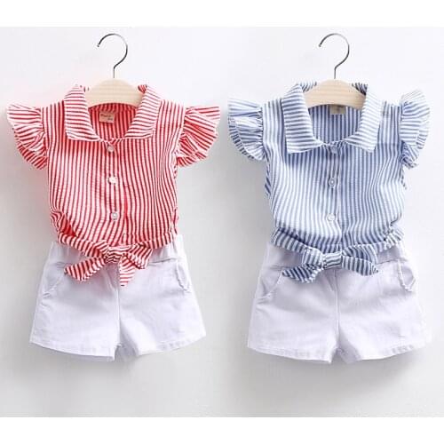 2021 Summer 2 3 4 5 6 7 810 Years Teenage Young Kids Girl Cotton Striped Fly Sleeve Shirt+White Shorts 2 Piece Outfits Suit Sets