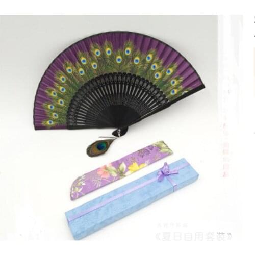 50set/lot Vintage Retro Peacock Folding Fan Hand Bamboo Silk Dance Fans Home Decoration Great Gifts For Friend SN2077