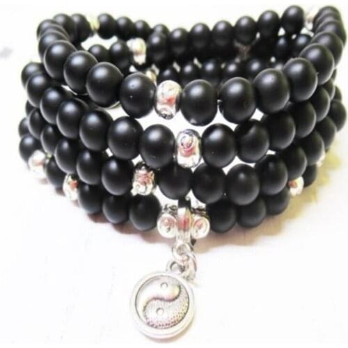 6mm Black Agate 108 Beads Pendant Bracelet Spirituality Ruyi Lucky Pray Unisex Cuff Fancy Reiki Healing Yoga Handmade Meditation