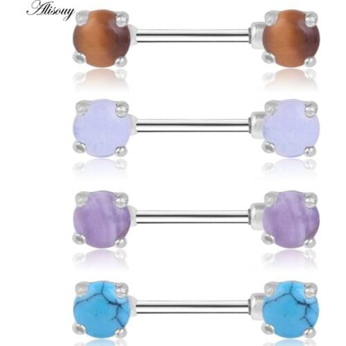Alisouy 1PC Straight Bar nipple Prong Set Large Round Stones Gem Nipple Rings Barbell Piercing Body Jewelry 316L Stainless Steel