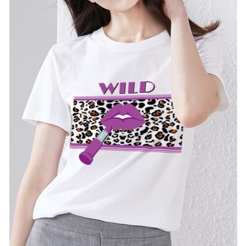 Summer Fashion Womens T-shirt Lip Leopard Print Simple O-neck White Harajuku T-shirt Casual and Comfortable Slim Ladies Top