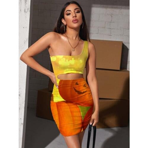 Giyu Brand Pumpkin Dress Women Halloween 3d Print Funny Hollow out Dresses Harajuku Pleating Womens Clothing Mini Evening