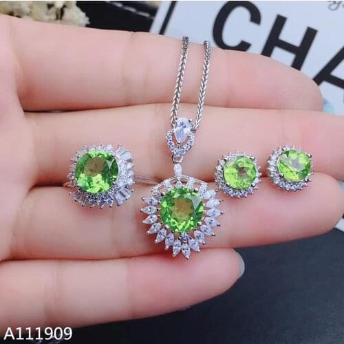 KJJEAXCMY boutique jewelry 925 sterling silver inlaid Natural Peridot Necklace Ring Earring Suit Support detection exquisite