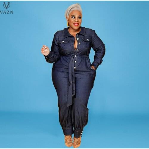 VAZN 2021 Autumn Office Lady Casual Simple High-end Solid Denim Jumpsuits Full Sleeve Women High Waist Pencil Jumpsuits