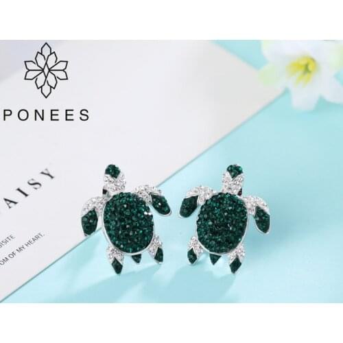 PONEES Fashion Female Rhodium Color Animal Jewelry Small Turtle Stud Earrings For Women Filled Crystal Rhinestone Jewelry