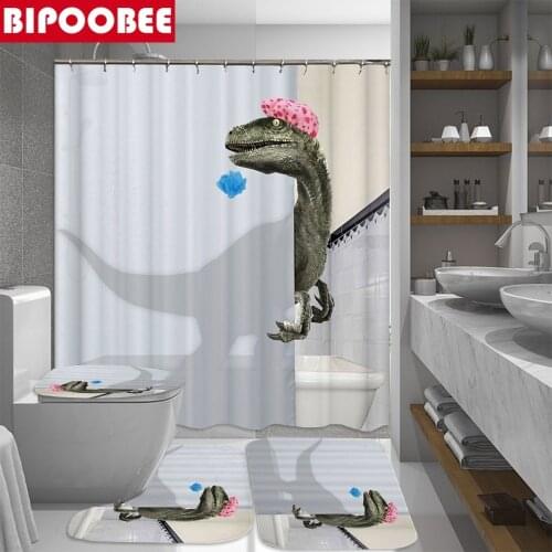 Taking A Bath Dinosaur Bathroom Set Shower Curtain/Bath Mat/Toilet Pad Sets Non-slip Mats Carpets Toilet Seat Floor Mat