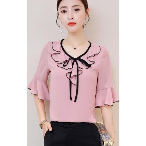 2021 New Short Sleeve Womens Top Korean Fashion Solid Color Ruffle Cotton Chiffon Shirt Girls' Sweet Casual Clothes B046