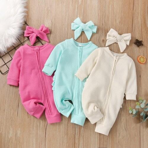 New Infant Long Sleeve Romper + Bow Headband, Sweet Style Ruffle Decoration Princess Spring Costume