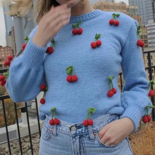 2020 Autumn Winter European Fashion Handmade Crocheted 3D Cherry O-Neck Pullover Sweater Blue Sweet Cute Jumper Top Clothes
