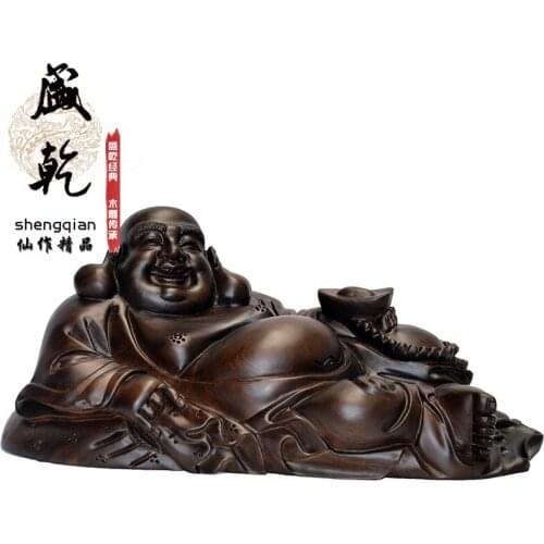 Sheng dry wood carving ebony ingots handheld recumbent Buddha Maitreya Crafts Home Decoration 20CM