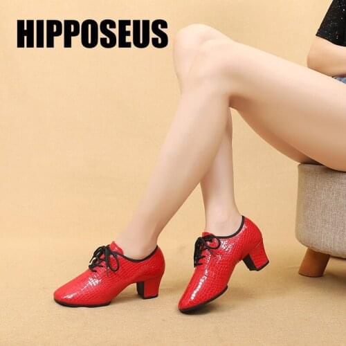 Hipposeus Women Latin Dance Shoes Girls Men Ballroom Samba Modern Tango Dancing Shoe Square Dance Shoe Genuine Leather 5CM Heel