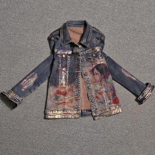 Plus size 3XL!2020 spring Autumn fashion women Jeans Jacket Slim turn down collar Ladies Printed Denim Jacket