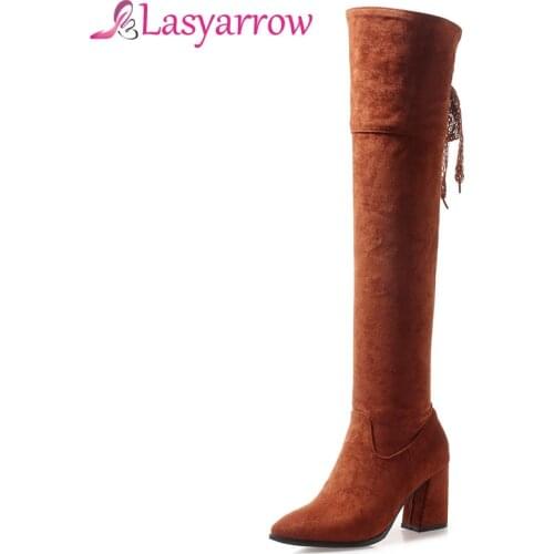 Lasyarrow Zipper Botas Femininas Bace Lace Up Casual Shoes Woman Chunky High Heels Pointed Toe Thigh High Long Boots Plus Size