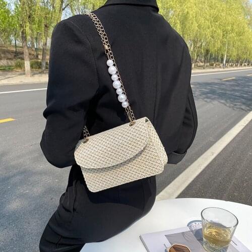 2021 Women Rattan Straw Shoulder Bag Mini Chain Messenger Bag Summer Pearl Handbag And Purses Female Small Beach Square Bags
