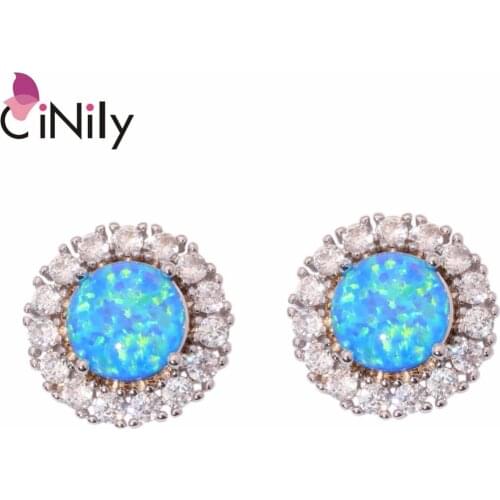 CiNily Created Blue Fire Opal Cubic Zirconia Silver Plated Earrings Wholesale Hot for Women Jewelry Stud Earrings 14mm OH3664