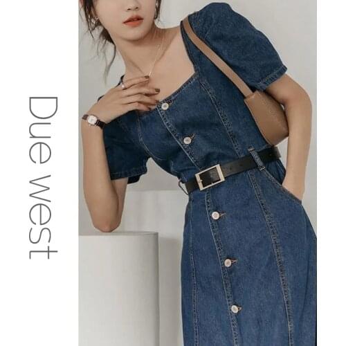 Elegant Denim Dress Woman Summer 2021 Thin Square Collar Midi Robe Blue Puff Short Sleeve Tunics Casual Korean One-Piece Dress