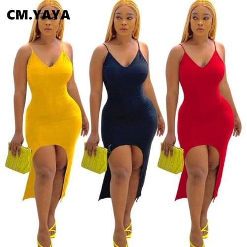 CM.YAYA Women Bodycon Midi Dress Sexy Club Party Pencil Spaghetti Strap Sleeveless High Low Irregular Ankle Length Dresses 2021