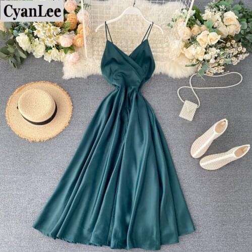 Cyanlee Elegant Holiday Party Dress 2020 Summer Female Halter Lace Waist Dress For Women Vintage Dress Office Lady Vestidos