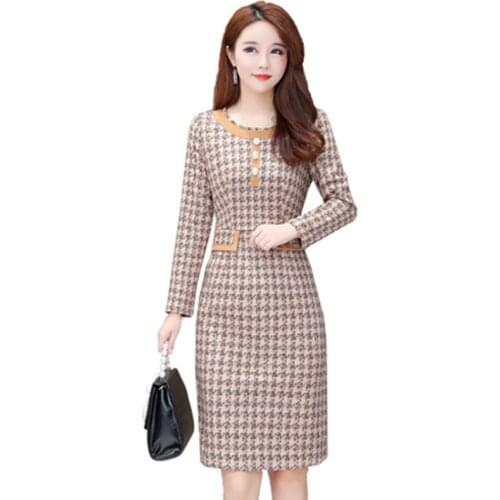 2019 New Tweed Dress Women Spring Autumn Vintage Wool Plaid Dresses Female Elegant Woolen Dress Ladies Office Large size dress