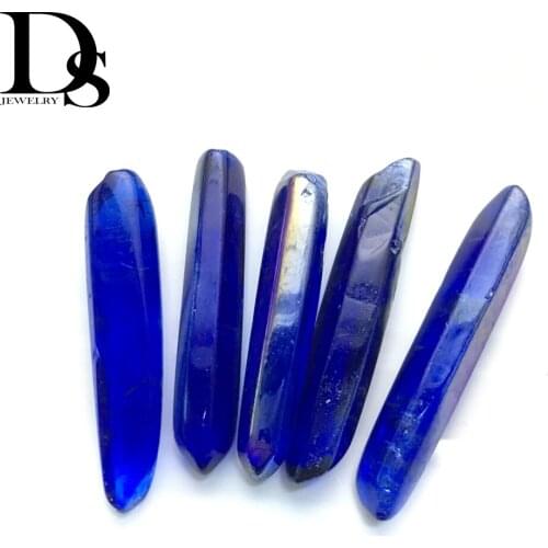 10pcs Mazarine Aura Angel Titanium Wand Points Natural Raw Crystal Rough Healing Hexagonal Prism DIY Jewelry Charms