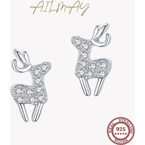 Ailmay Clear Zircon Deer Stud Earrings For Girls Party Accessories 925 Sterling Silver Animal Earring For Women Jewelry Gift
