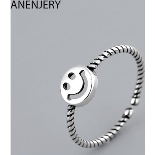925 Sterling Silver Hollow Smiling Face Thai Silver Color Ring New Twist Rope Open Finger Ring For Party Gifts Jewelry S-R622