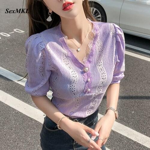 Vintage Summer Blouses Womens 2020 Fashion Lace Patchwork Puff Sleeve Black White Sexy Blouse Korean Clothes V Neck Ladies Tops