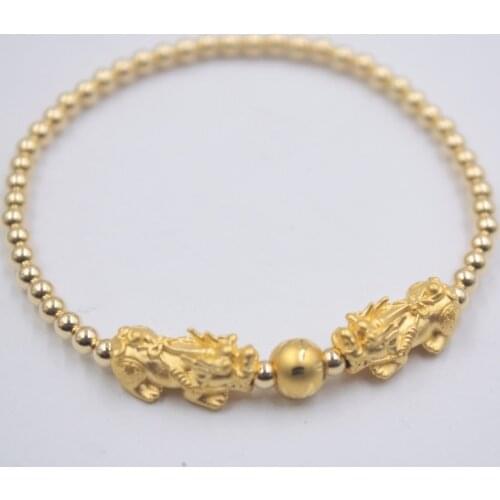 999 24K Yellow Gold Bracelet Real Gold Chain Lucky Pixiu and silver 3mm Beads For Women Girl Best Gift