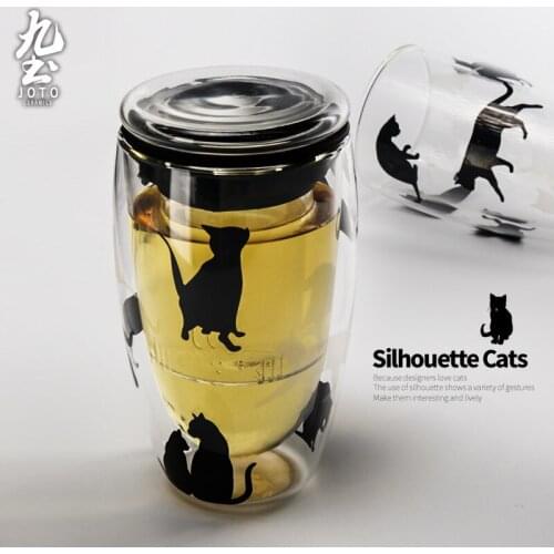 Double glass tea cup with cover tea filter thickened insulated tea making cartoon black cat water coffee mlik beer cup