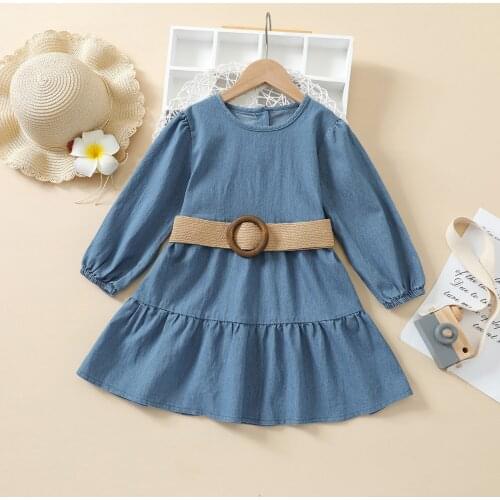 FOCUSNORM Fashion Kids Girls Autumn Dress With Belt 1-6Y Solid Denim Ruffles Long Sleeve A-Line Knee Length Dress