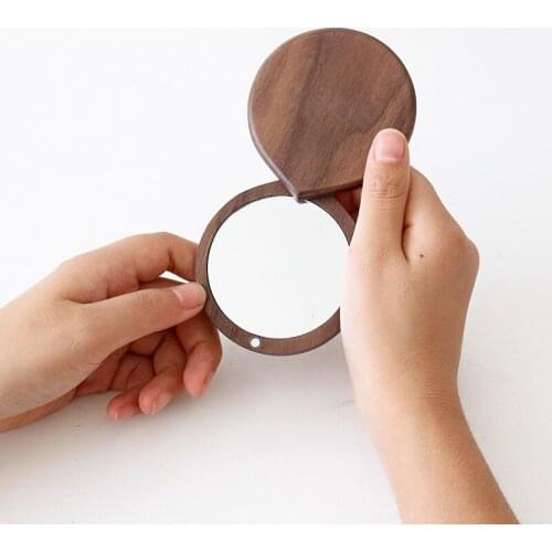 GU201 Wooden Mirror Round Foldable Mirrors Japanese Style Portable Walnut Small Mirror Make Up