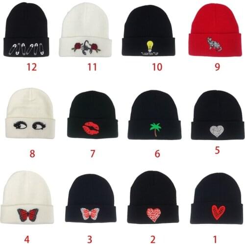 Harajuku Men Women Knitted Beanie Hat Hip Hop Cartoon Heart Butterfly Embroidery Winter Snow Ski Cuffed Skull Cap