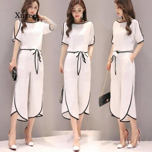 Summer Ops Open Wide Leg Pants Set New Black White Short Sleeve Blouses Tcut Pants Fashion Two Piece Suit Clothing Women Outfit
