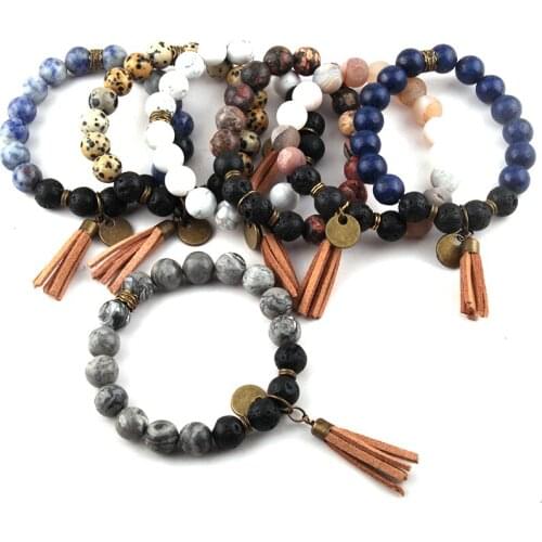 Fashion Jewelry Bracelets 10mm Lava and Stone Antique Bronze Tassel Charm Bracelet
