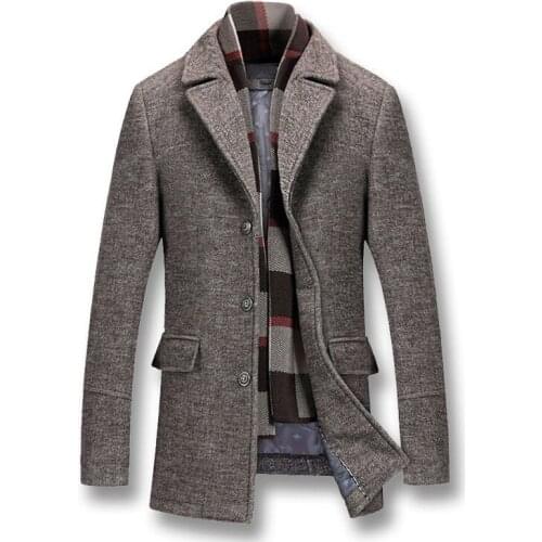 Mens Winter Coats Thick Cotton Wool Jackets Male Casual Fashion Slim Fit Nylon Long Jacket Scarf Men Outwear SA605