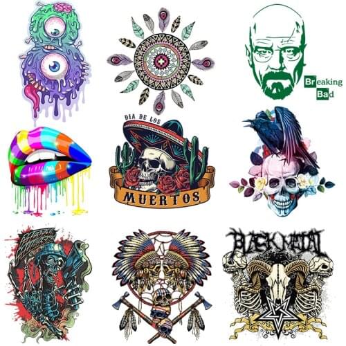 Nicediy Hippie Indian Skull Thermo Stickers Punk Iron On Transfers Heat Vinyl Transfers Thermal PVC Patches On Clothes T-shirt