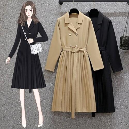 EHQAXIN 2021 New Large Size Womens Dresses Autumn Elegant French Pleated Button Lace-Up Long Sleeve High Waist Suit Dress L-4XL