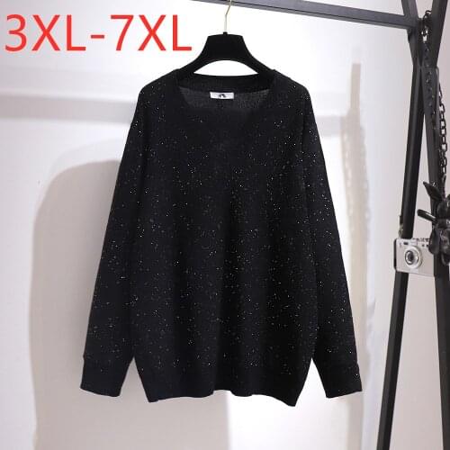 New Ladies Autumn Winter Plus Size Knit Tops For Women Large Long Sleeve Loose Black Sequins V neck Sweater 3XL 4XL 5XL 6XL 7XL