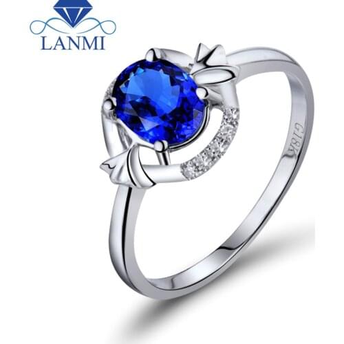 Solid 18K white Gold Blue Sapphire Wedding Rings Genuine Oval Natural Gemstone Diamond Jewelry for Women Party Luxury Gift