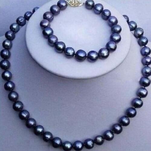 9-10mm natural tahitian black pearl necklace bracelet set 925silver gold