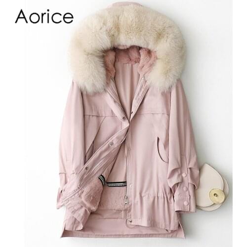 Aorice Women Real Fox Fur Collar Coat Jacket Female Rex Rabbit Liner Long Parka Trench A41650
