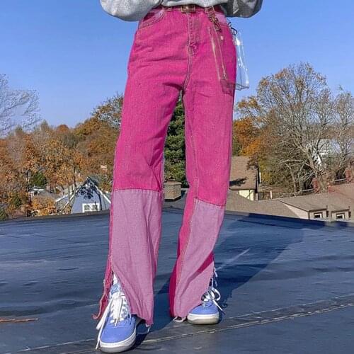 TIESOME Patchwork Pants Women 90s Streetwear Cargo Pants High Waisted Vintage Blue Streetwear Casual Loose Straight Pants