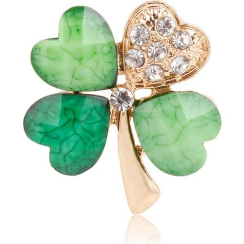 Green Four Leaf Clover Brooches For Women Crystal Rhinestones Lapel Pins For Women Jewelry