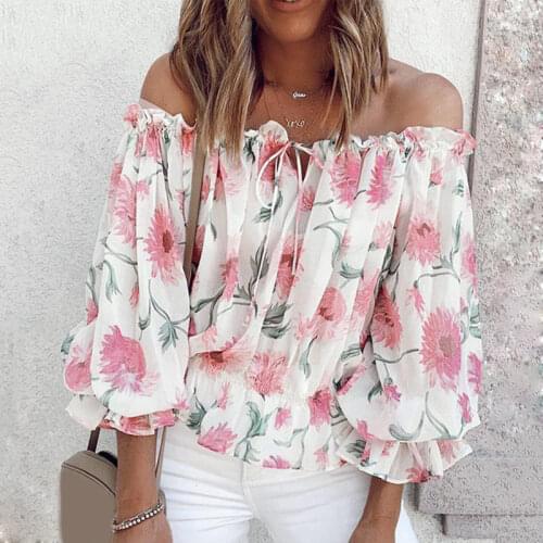 New Style Off Shoulder Drawstring Floral Chiffon Shirt Slim Long Sleeve Short Top Female Fashion Blouse