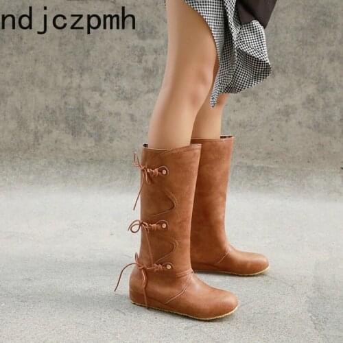 Womens Boots New winter fashion Round head Lace-up Low-heeled Middle tube Womens shoes plus size 34-48 Heel Height 3cm black