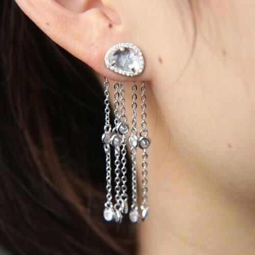 2021 white stone uneven studs double sided long cz chain tassel elegant fashion women earring jewelry wholesale