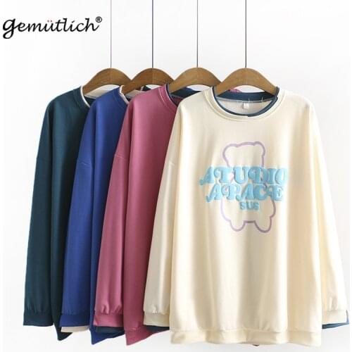 GEMUTLICH Women Big Size Letter Print Hoodies Casual O-Neck Collar Pullover Sweatshirt Loose Autumn Comfortable Top 2021 New